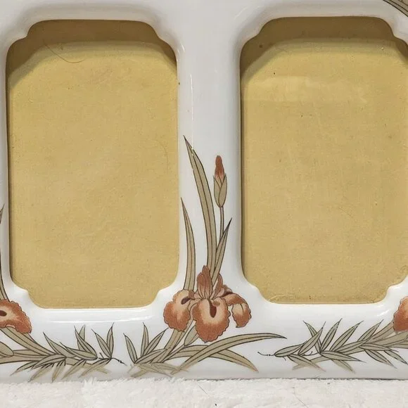 Vtg Picture Frame Porcelain Orchid Orange Floral Metallic Copper Accents Japan - Picture 6 of 10